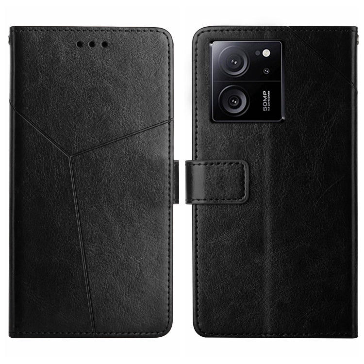 Y-pattern flip leather phone case in black, front and back views with camera cutouts
