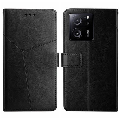 Y-pattern flip leather phone case in black, front and back views with camera cutouts