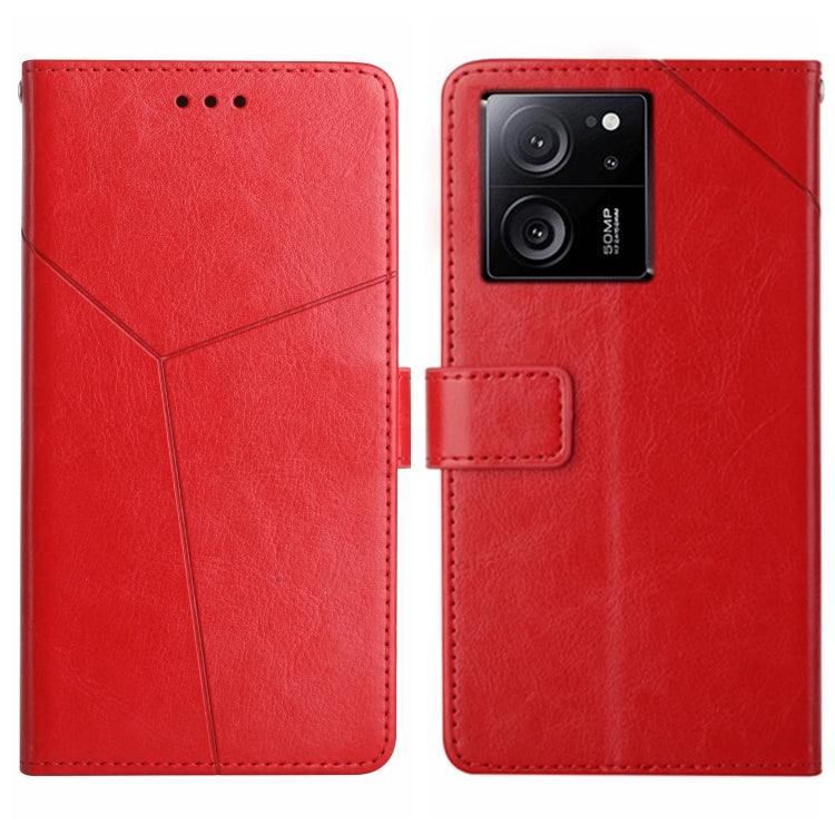 Y-pattern flip leather phone case in red, front and back views with camera cutout