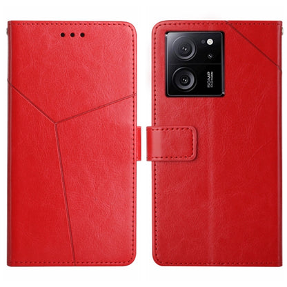 Y-pattern flip leather phone case in red, front and back views with camera cutout