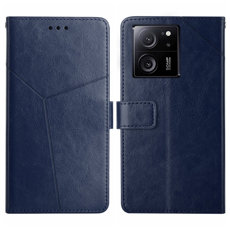 Y-pattern flip leather phone case in blue, front and back views with camera openings