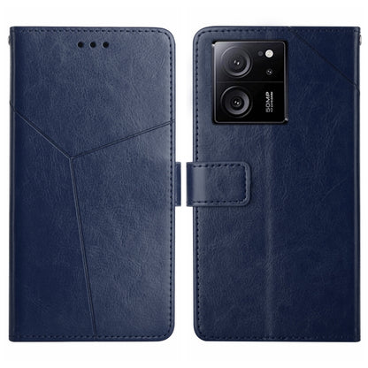 Y-pattern flip leather phone case in blue, front and back views with camera openings