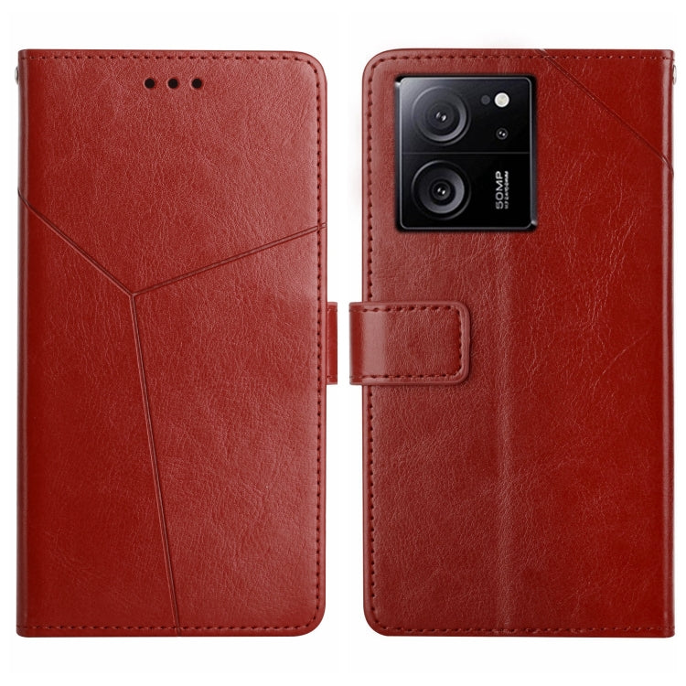 Y-pattern flip leather phone case in red, front and back views with clasp tab