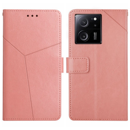Y-pattern flip leather phone case in pink, front and back views with clasp tab