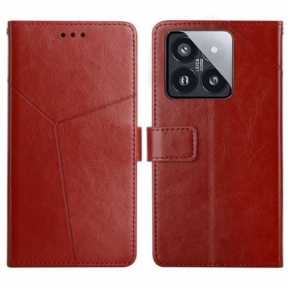Red Y-pattern flip leather phone case with camera cutout and card slot