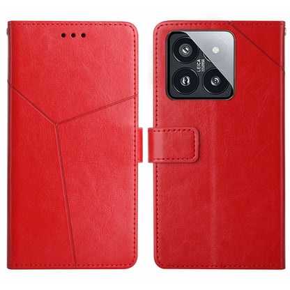 Red Y-pattern flip leather phone case with camera cutout and card slot