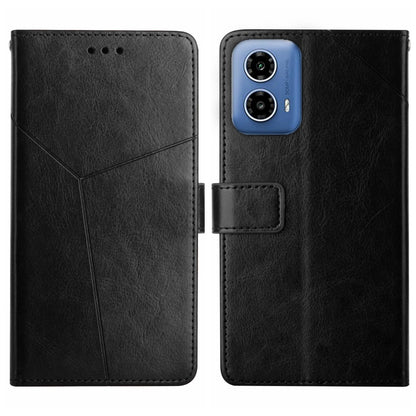 Black Y-pattern flip leather phone case with card slot and camera cutouts, front and back