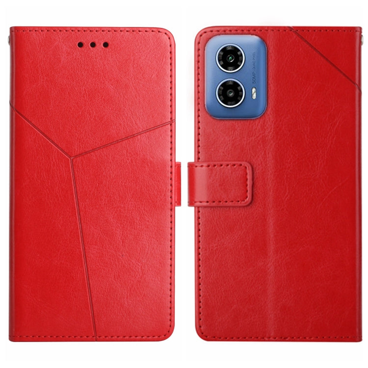 Red Y-pattern flip leather phone case with card slot and camera cutouts, front and back