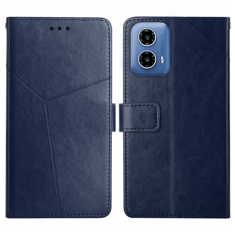 Blue Y-pattern flip leather phone case with card slot and camera cutouts, front and back