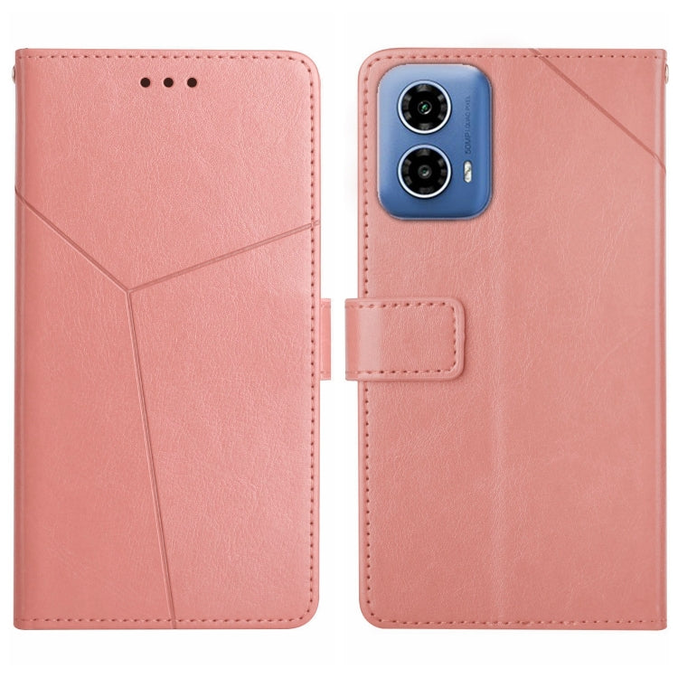 Pink Y-pattern flip leather phone case with card slot and camera cutouts, front and back