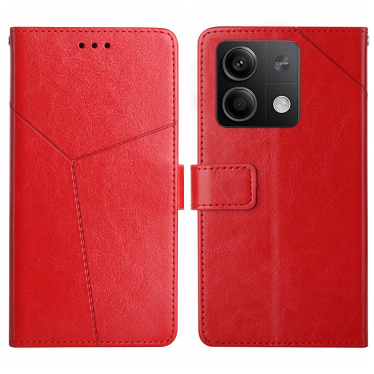 Red Y-pattern flip leather phone case with square camera cutout and card holder