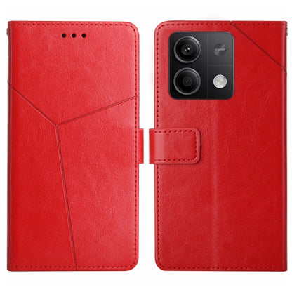 Red Y-pattern flip leather phone case with square camera cutout and card holder