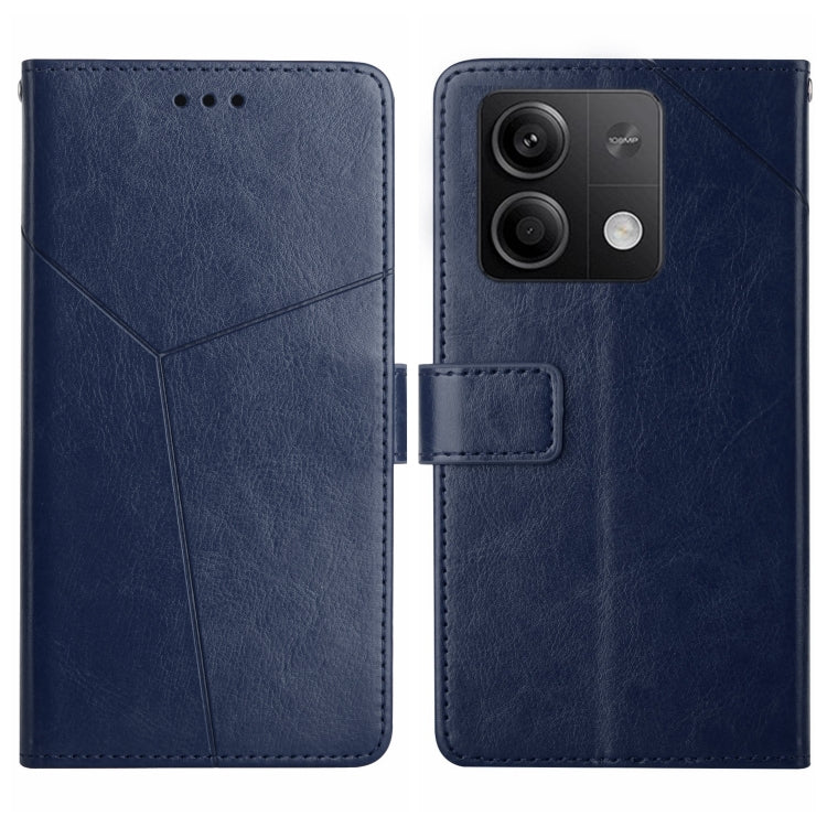 Blue Y-pattern flip leather phone case with square camera cutout and card holder