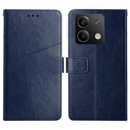 Blue Y-pattern flip leather phone case with square camera cutout and card holder
