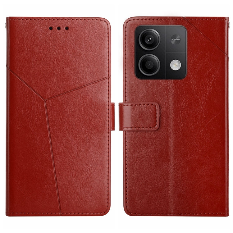 Red Y-pattern flip leather phone case with square camera cutout and card holder