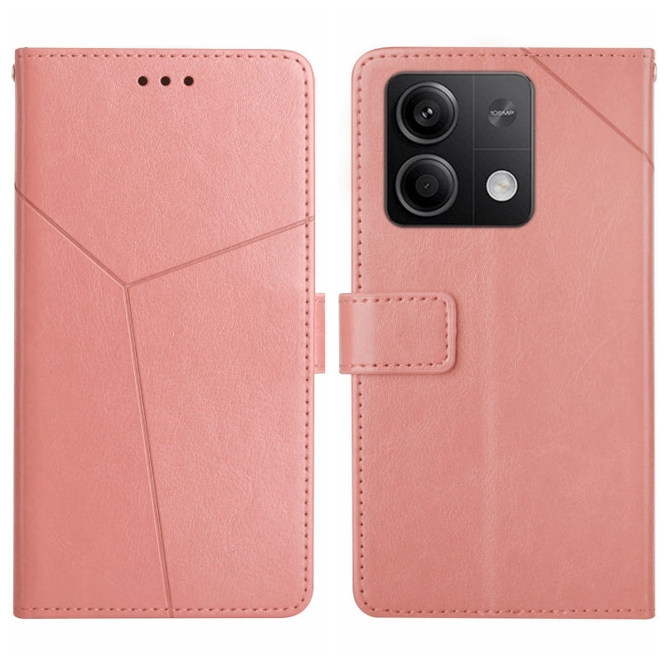 Pink Y-pattern flip leather phone case with card slot and cutouts, front and back view