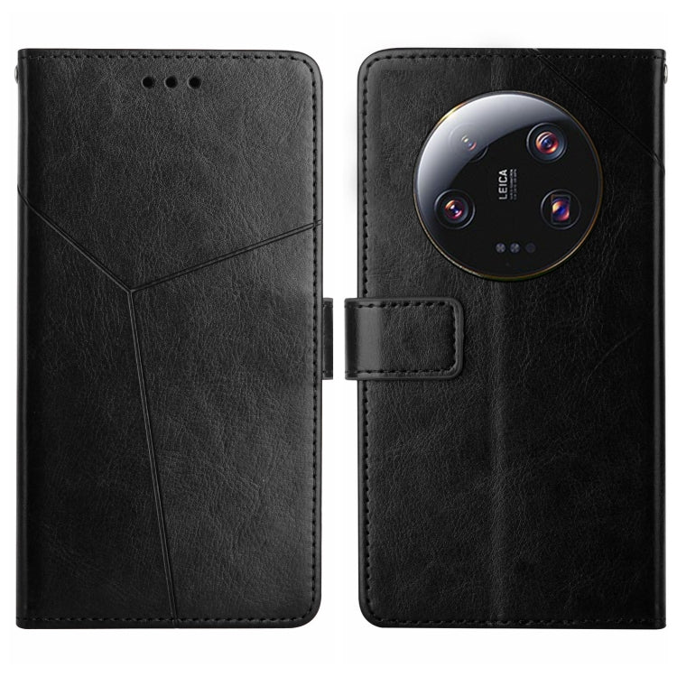 Black Y-pattern flip leather phone case with card slot and circular camera cutout