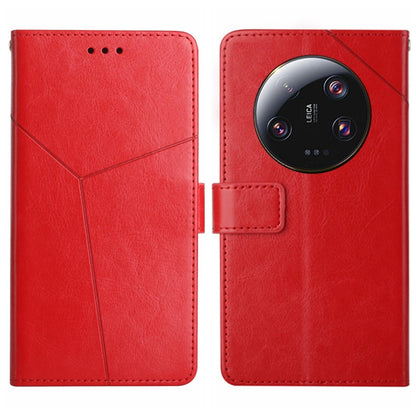 Red Y-pattern flip leather phone case with card slot and circular camera cutout