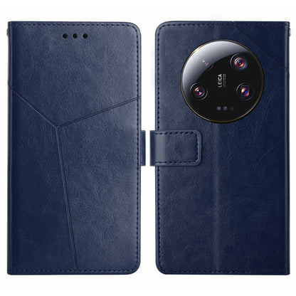 Blue Y-pattern flip leather phone case with card slot and circular camera cutout