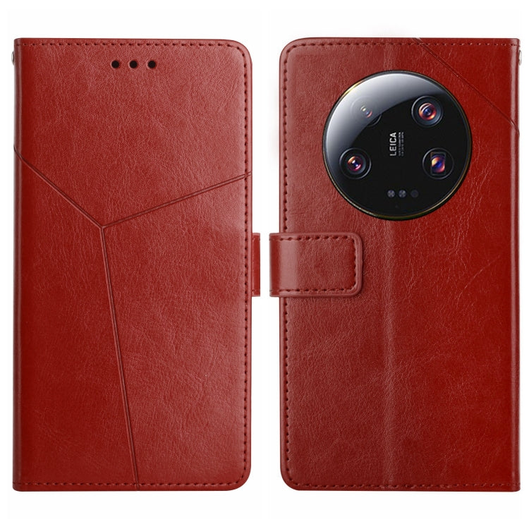 Red Y-pattern flip leather phone case with card slot and circular camera cutout