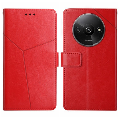 Red Y-pattern flip leather phone case with circular camera cutout and card holder