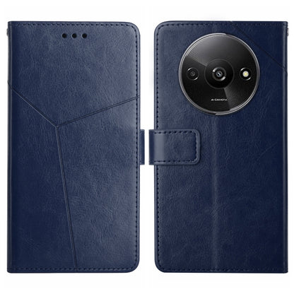 Blue Y-pattern flip leather phone case with circular camera cutout and card holder