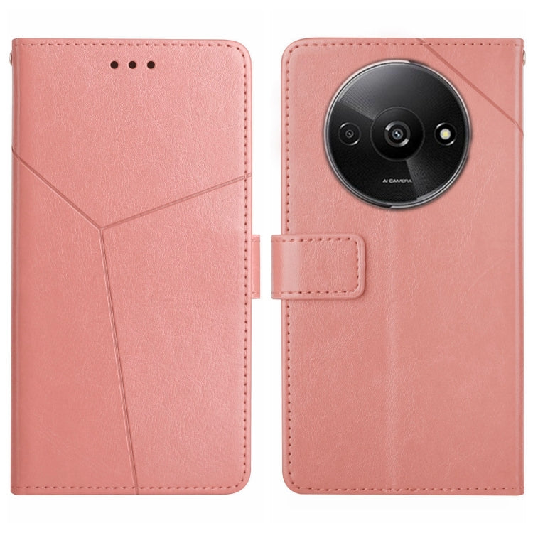 Pink Y-pattern flip leather phone case with circular camera cutout and card holder