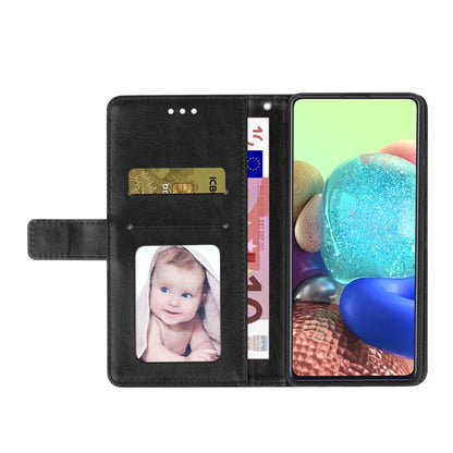 Black wallet-style flip phone case open, with card slots and photo window.