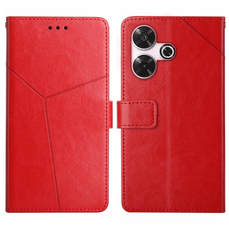 Red Y-pattern flip leather phone case with front window and camera cutouts.