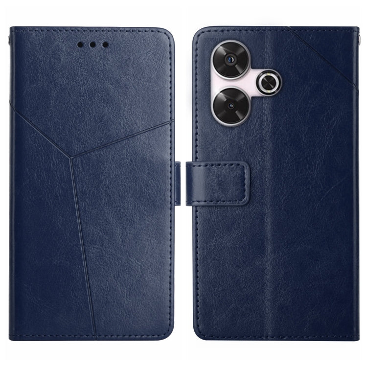 Blue Y-pattern flip leather phone case with camera cutouts and front strap tab.