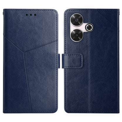 Blue Y-pattern flip leather phone case with camera cutouts and front strap tab.