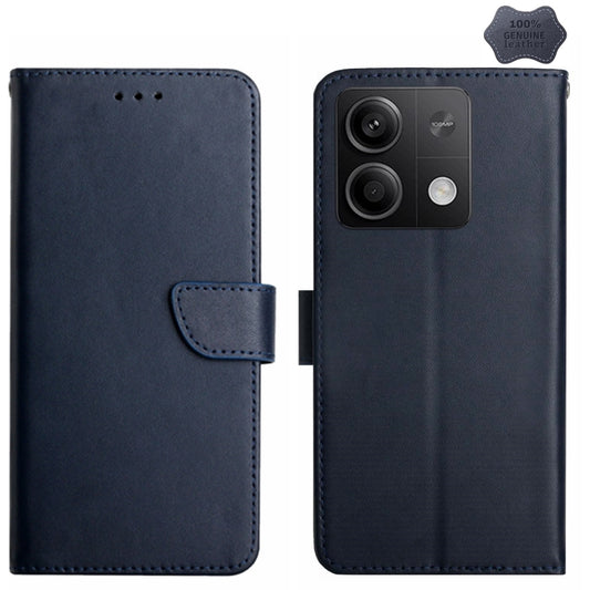 Blue genuine leather flip phone case with camera cutout and side button openings