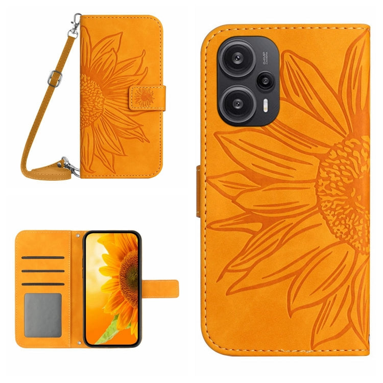 Orange flower-embossed flip phone case with card slot and wrist lanyard strap