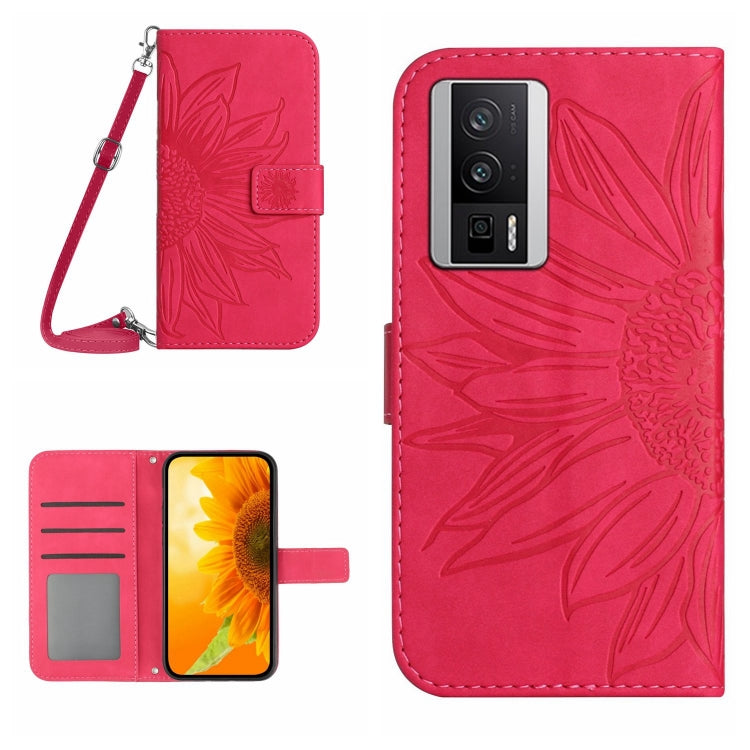 Rose red flower-embossed flip phone case with card slot and wrist lanyard strap