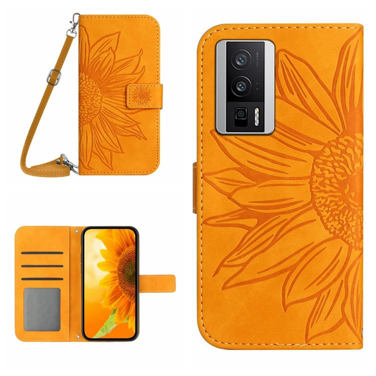 Sunflower embossed flip leather phone case with lanyard, orange, card slot