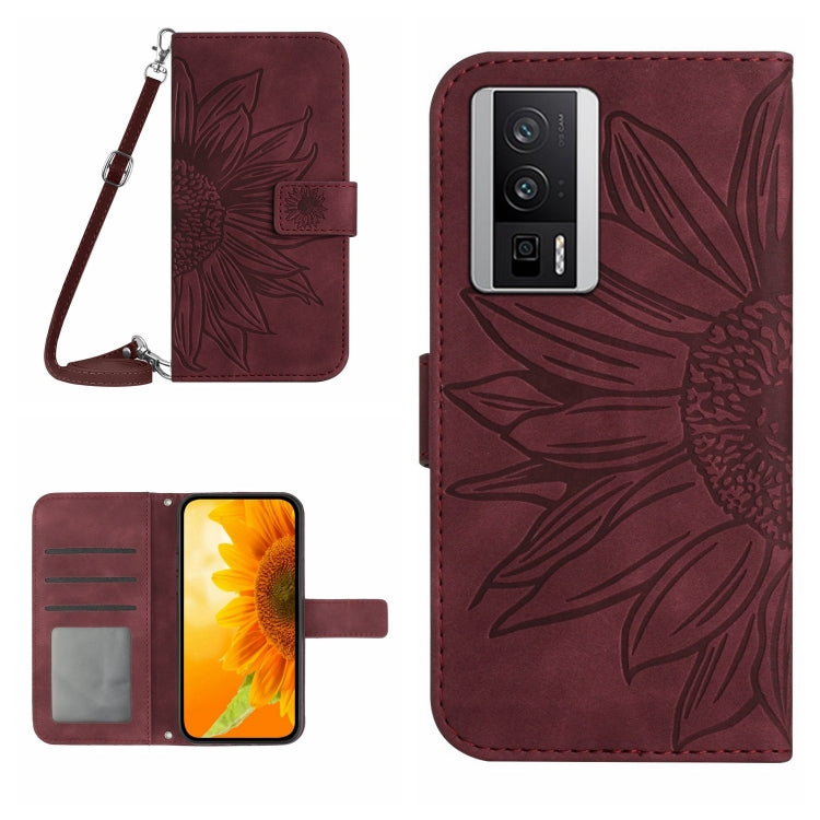 Sunflower embossed flip leather phone case with lanyard, dark maroon, card slot