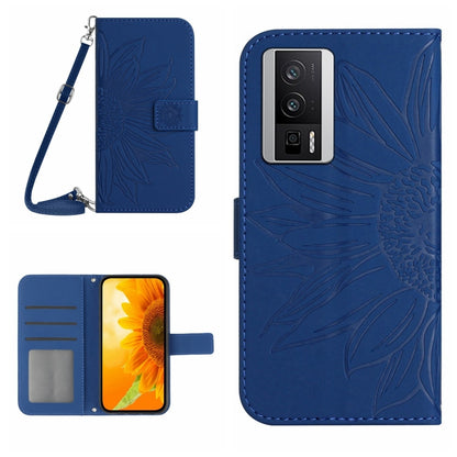 Sunflower embossed flip leather phone case with lanyard, blue, card slot