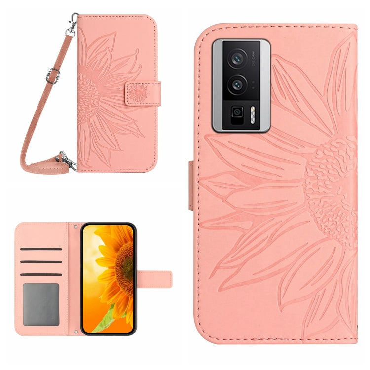 Sunflower embossed flip leather phone case with lanyard, blush pink, card slot