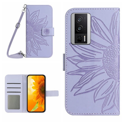 Sunflower embossed flip leather phone case with lanyard, light purple, card slot