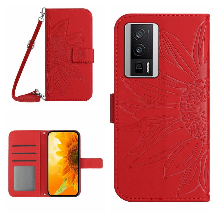 Sunflower embossed flip leather phone case with lanyard, red, card slot