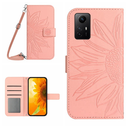 Embossed sunflower flip phone case with lanyard, light pink faux leather, card slots