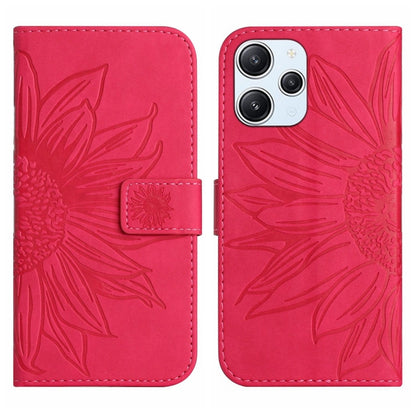 Red embossed flower flip leather phone case with card slot and magnetic closure