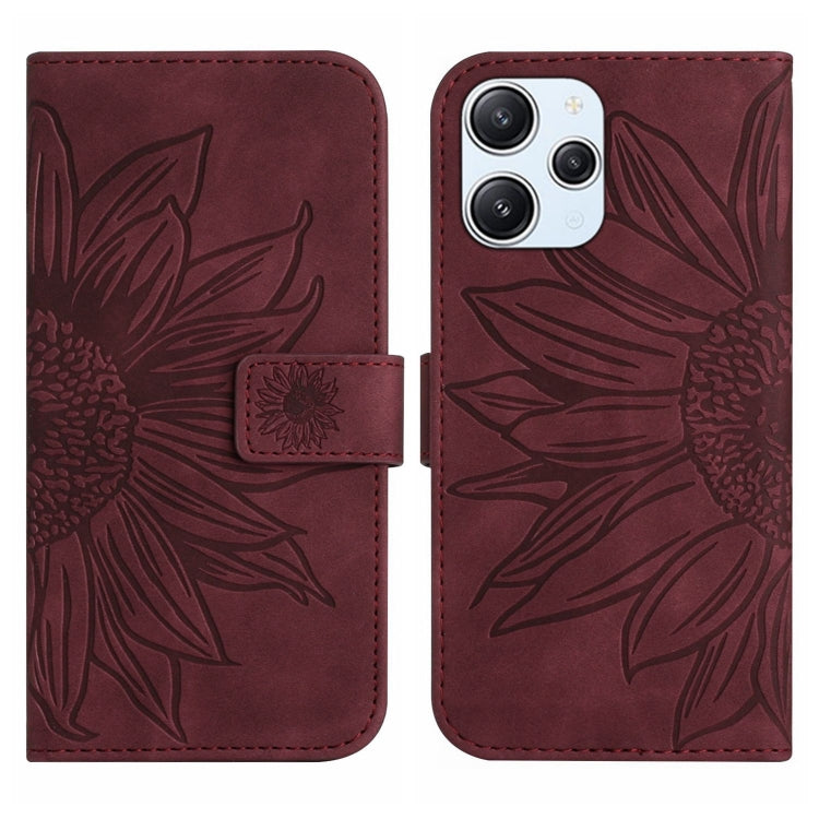 Burgundy embossed sunflower flip phone case with magnetic flap and card holder pocket