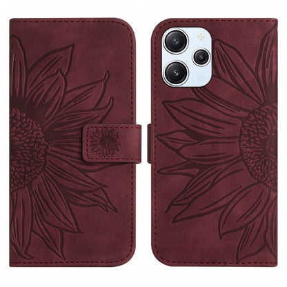 Burgundy embossed sunflower flip phone case with magnetic flap and card holder pocket