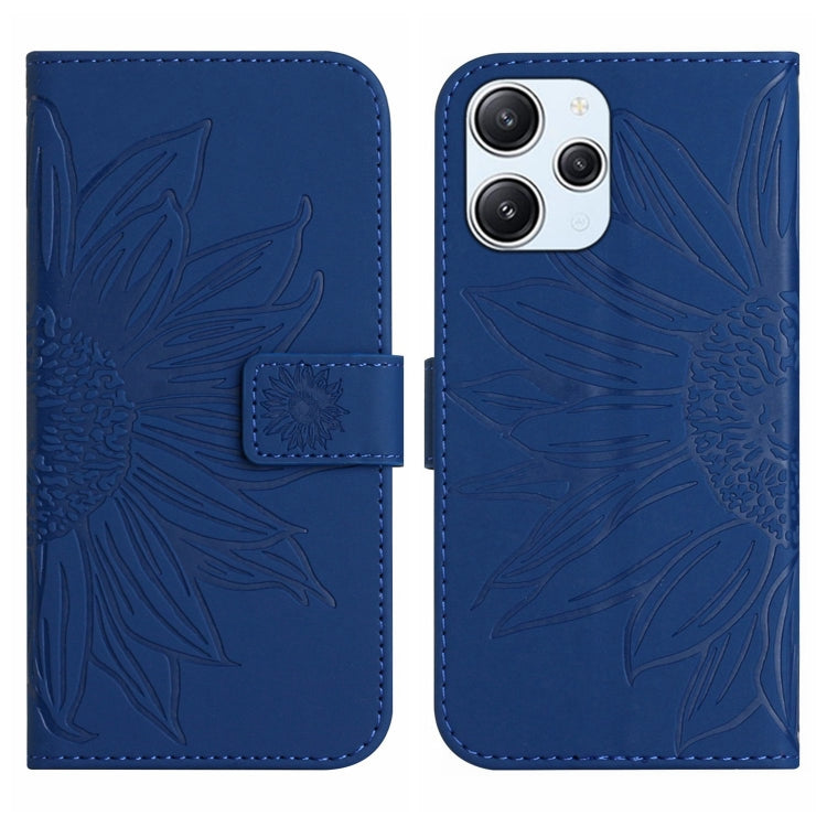 Blue embossed sunflower flip phone case with magnetic flap and card holder pocket