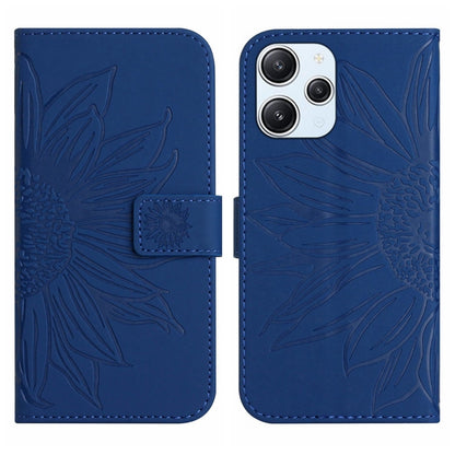 Blue embossed sunflower flip phone case with magnetic flap and card holder pocket