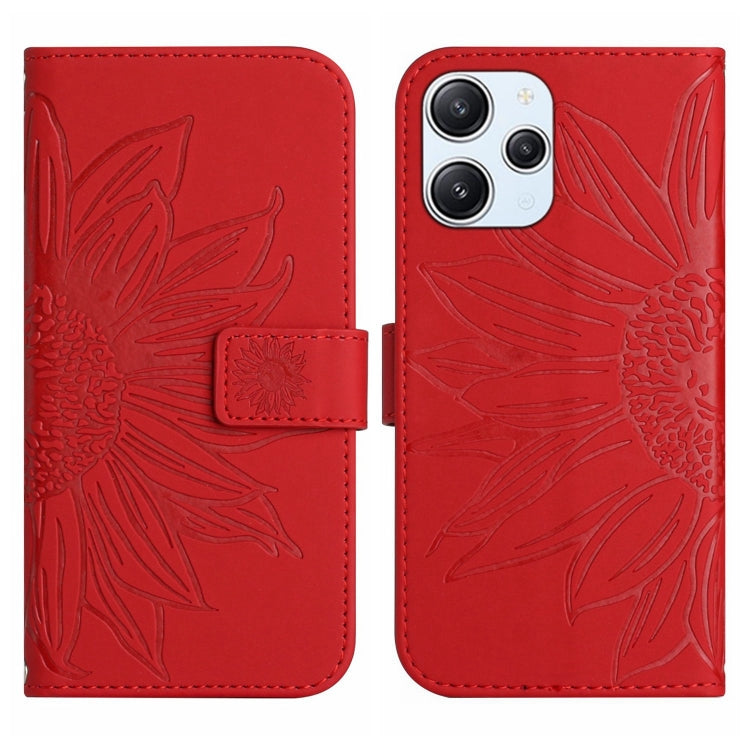 Red embossed sunflower flip phone case with magnetic flap and card holder pocket