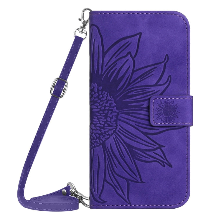 Purple embossed flower folio phone case with lanyard strap and front clasp