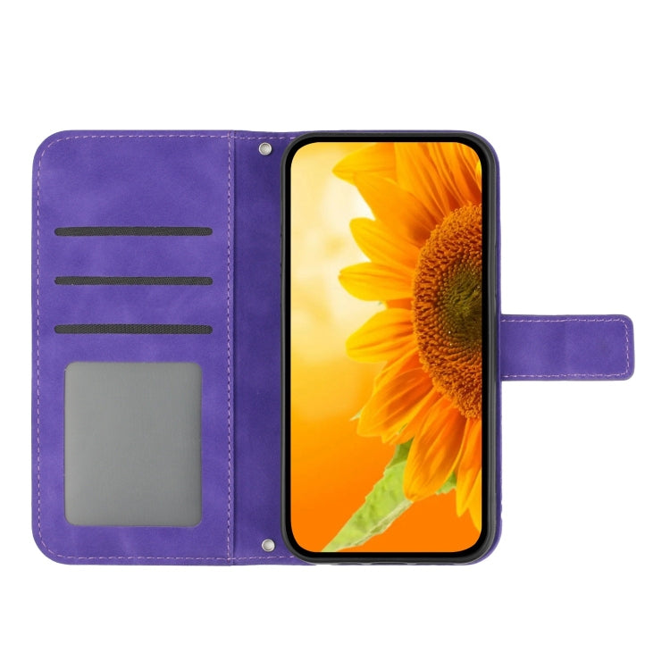 Purple folio wallet phone case with sunflower front and internal card slots
