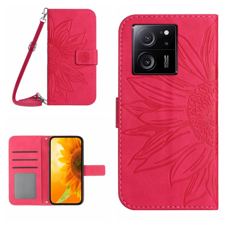 Red embossed flower folio phone case with lanyard strap, card slot and flap
